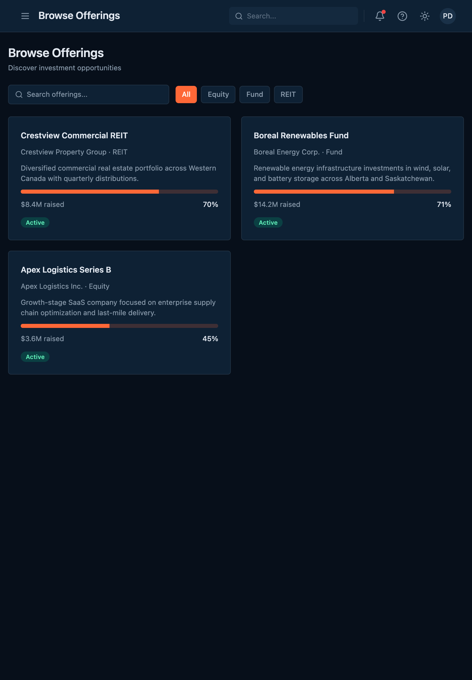 Offerings table on tablet