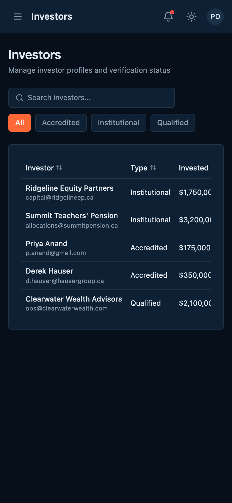 Investor profile mobile