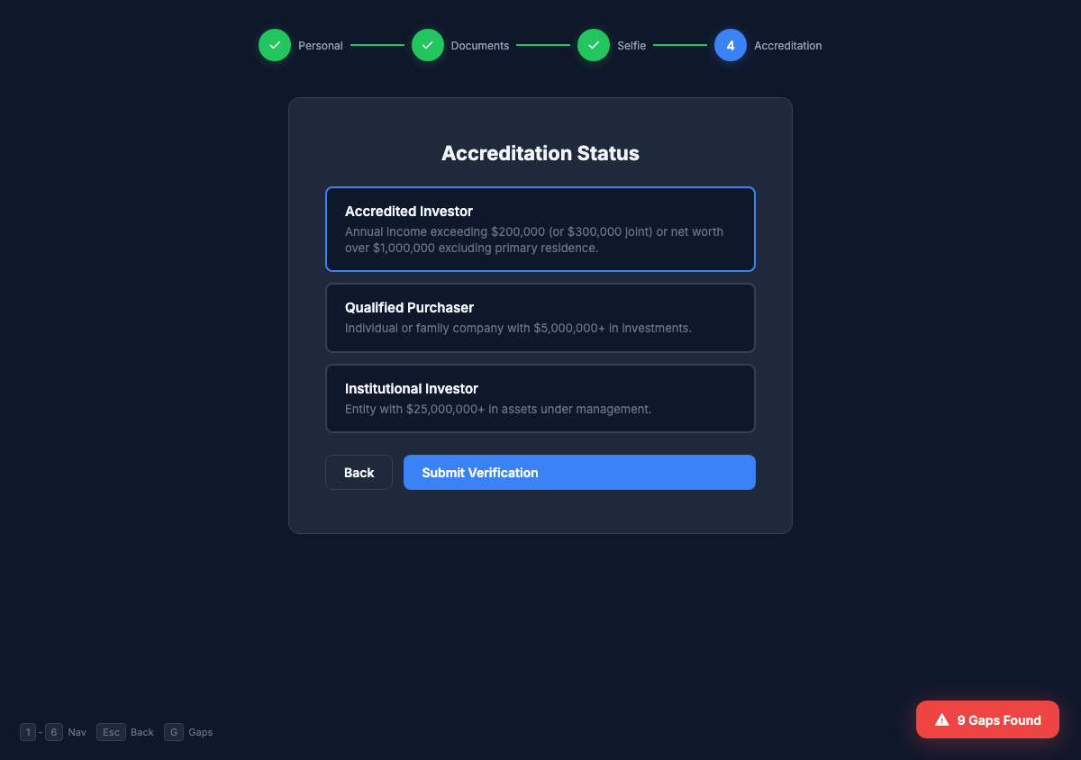 KYC accreditation step with jurisdiction-specific requirements