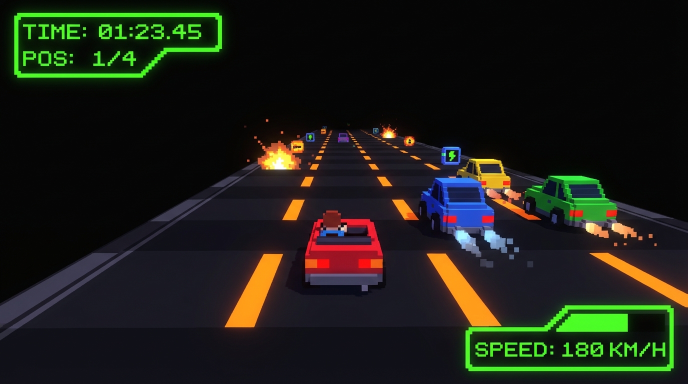 MyPick.io race in progress showing pixel cars competing on a stadium track