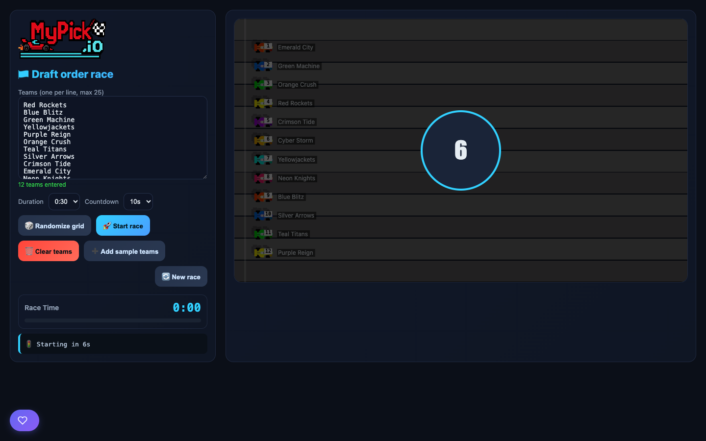 MyPick.io race with dynamic camera following the leader