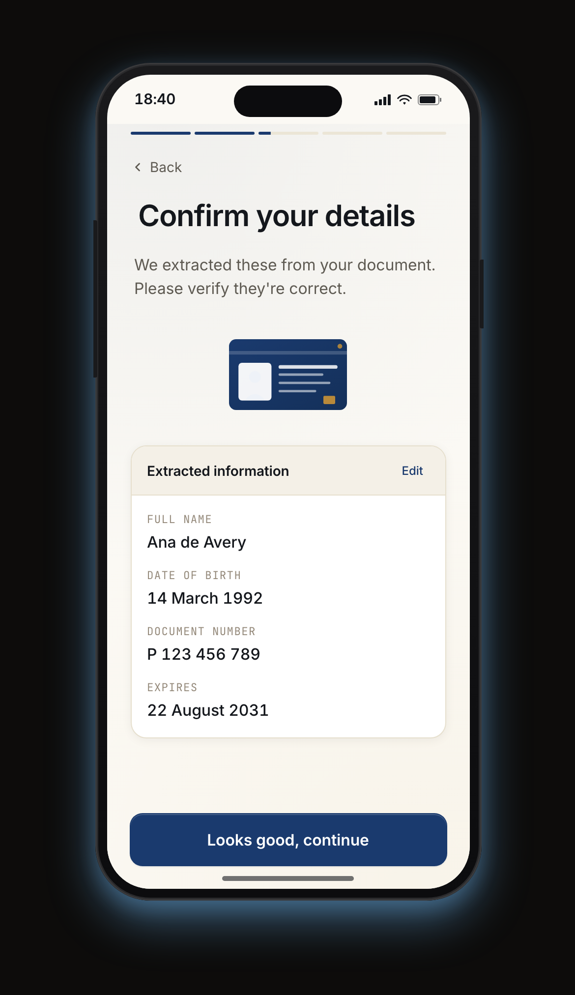Mobile document review state on the legacy Katipult flow — investors stuck reviewing a captured ID with no clear path to fix or retake