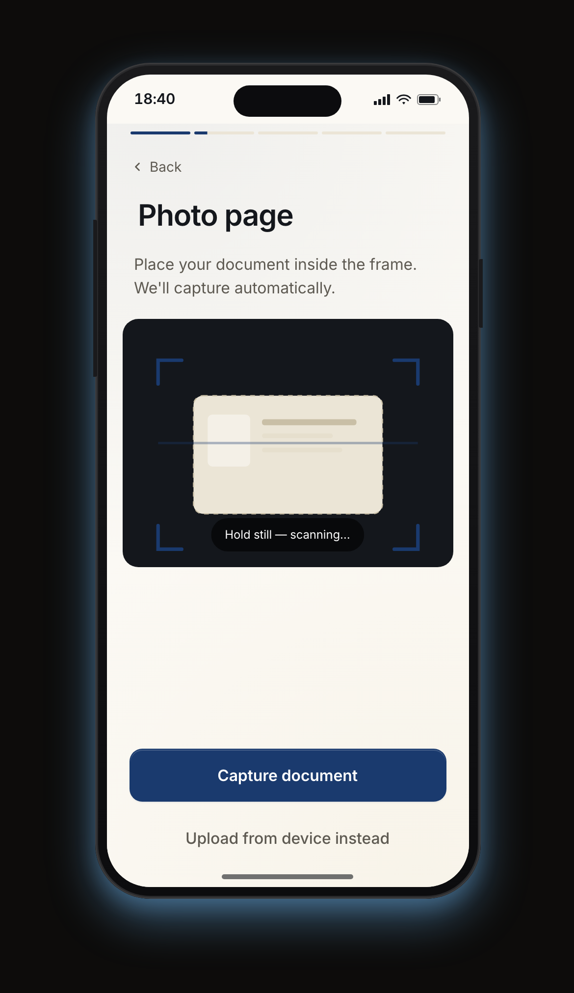 Mobile document capture — single focused upload zone with clear viewfinder framing, capture affordance, and contextual help instead of a generic file picker.
