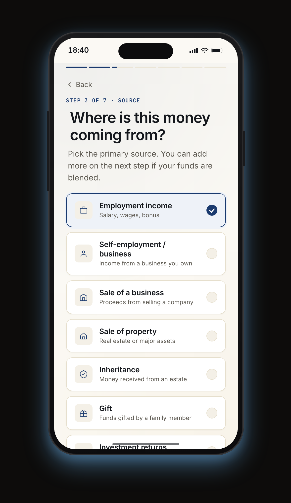 Mobile source-of-funds category — single decision pick across canonical categories with progressive disclosure, instead of a long-form text-entry field.