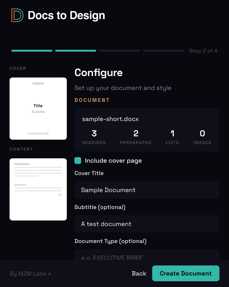 Docs to Design plugin — Step 02 Document Details modal: page list with 8 of 10 pages selected, document type, classification, and continue control. Dark plugin UI with cyan accent.