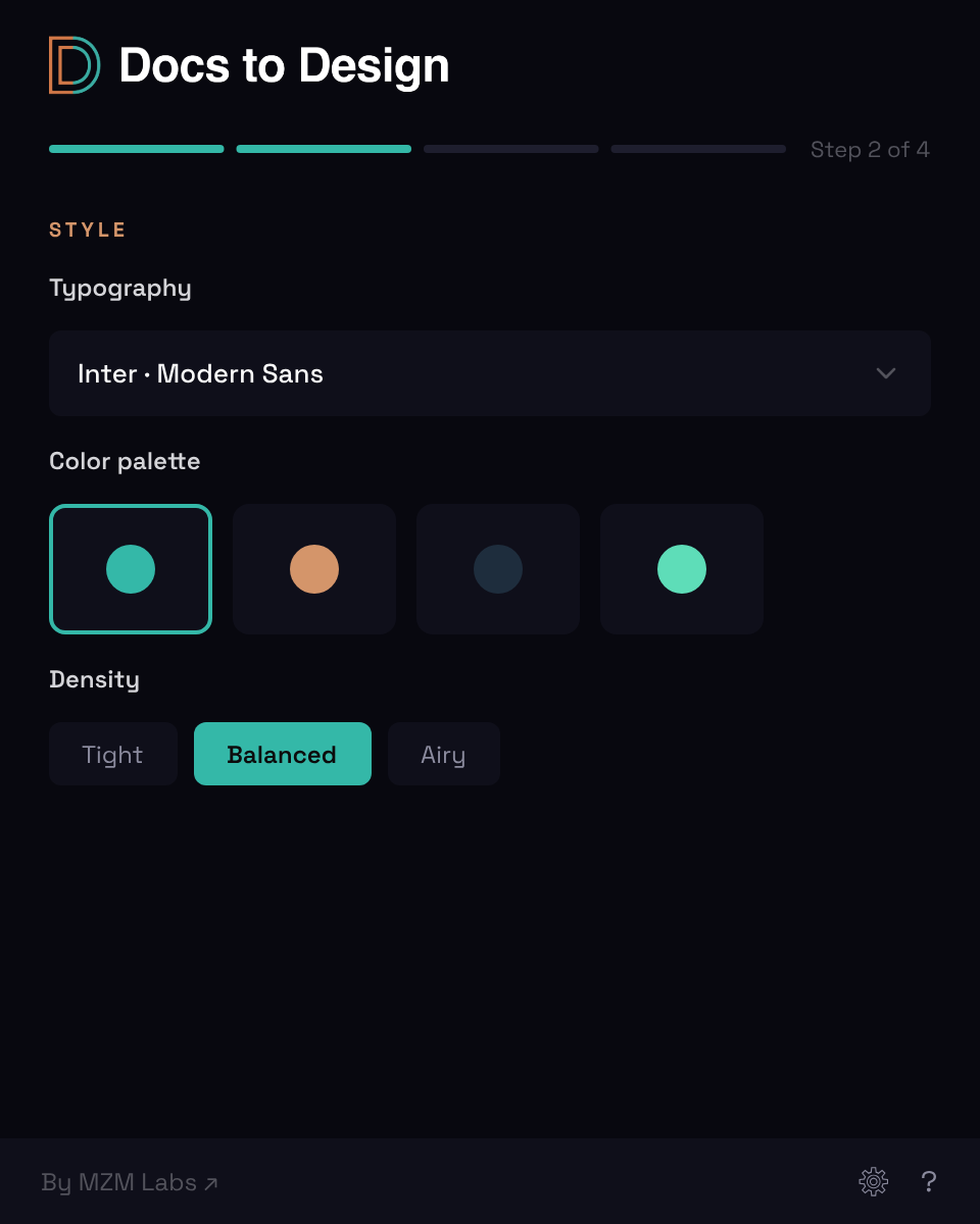 Plugin Style screen — searchable font picker for heading font, brand color swatch row, layout toggles for portrait/landscape and 1-col/2-col, and logo upload affordance.