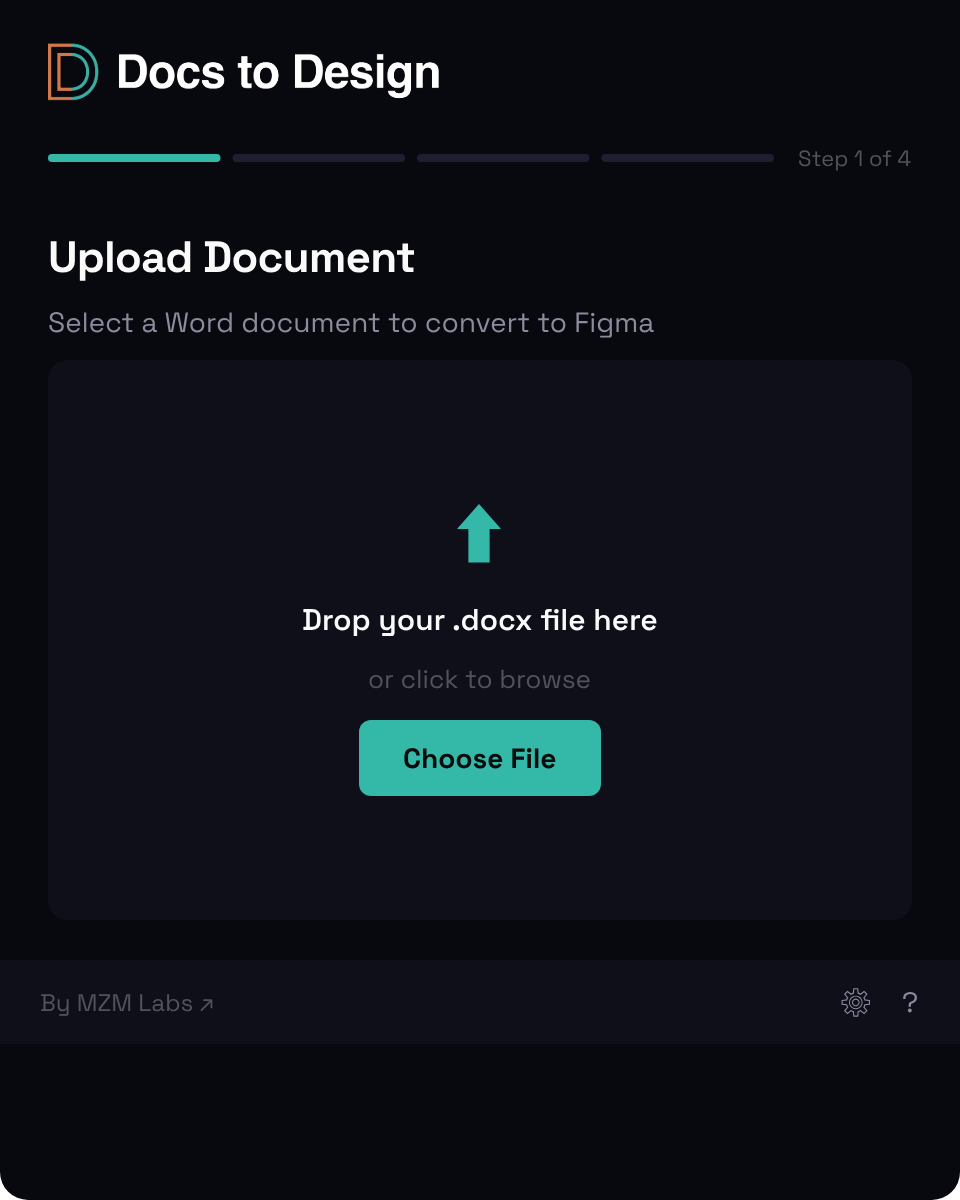 Plugin upload screen — file dropped state with the Word document mid-drop, drop-zone activated cyan, and progress on the way to parse.
