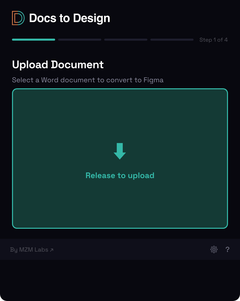 Plugin upload screen — empty state with cyan dashed drop-zone, 'Drag your .docx file here' instruction, and Choose File secondary action.