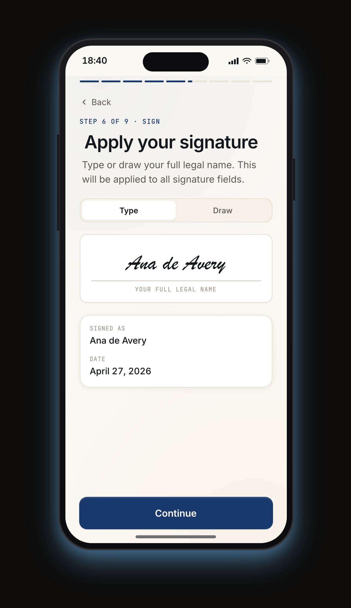 Mobile e-signature ceremony — full document preview with signature block, identity bind, and audit trail