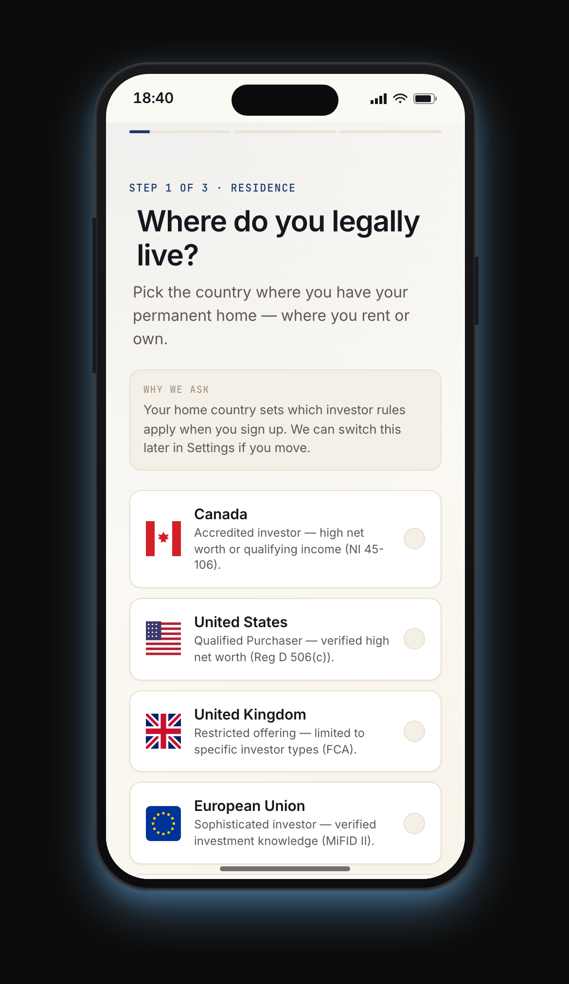 Mobile residency capture — first step of three-question jurisdiction flow that separates legal residence, tax residence, and citizenship into one decision per screen.