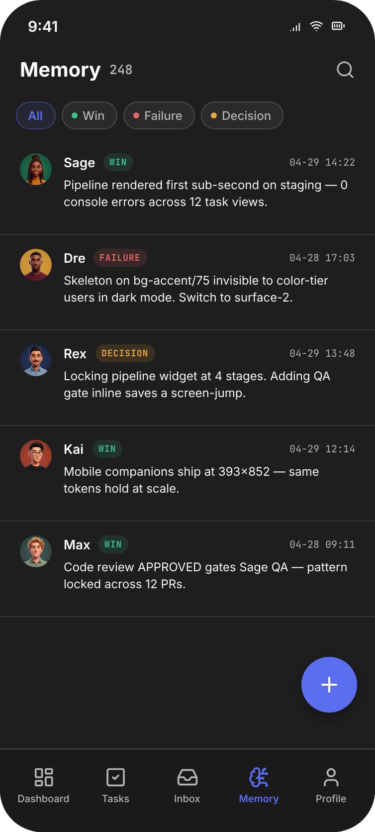 FuzeHQ Memory v1 mobile — saved facts list with agent attribution, swipe-to-act